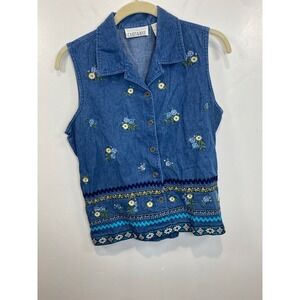 VTG Casey & Max Denim Vest Floral Embroidered‎ Sleeveless Top Cottagecore 90s M
